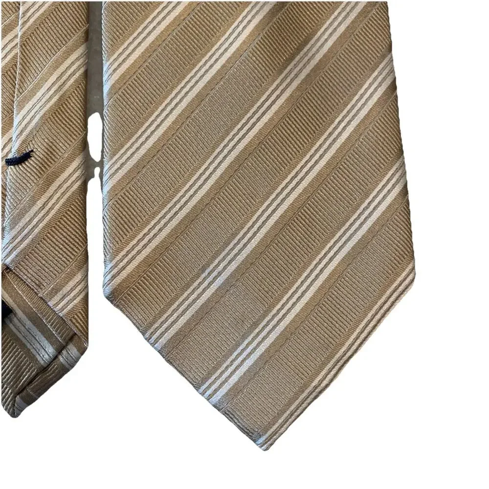Fabio Ferretti Italy Handmade Men’s Silk Tie Tan Gold & White Diagonal Striped